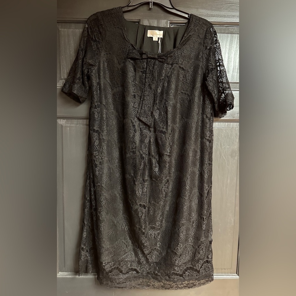 NWT Sweet Mommy Maternity Dress Short Sleeve Black Lace Lined Knee Length Size M - Picture 1 of 12